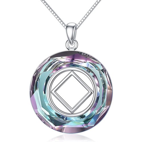 Sterling Silver Circular Shaped Narcotics Anonymous & Square Crystal Pendant Necklace