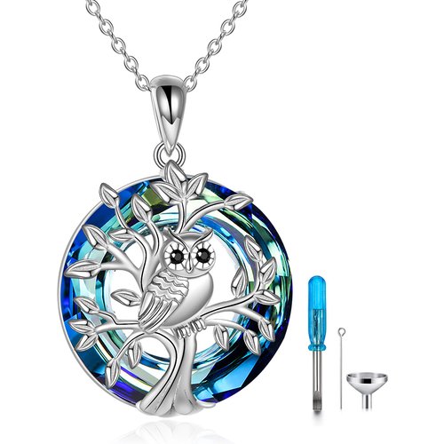 Sterling Silver Circular Shaped Crystal Owl & Tree Of Life Urn Necklace for Ashes