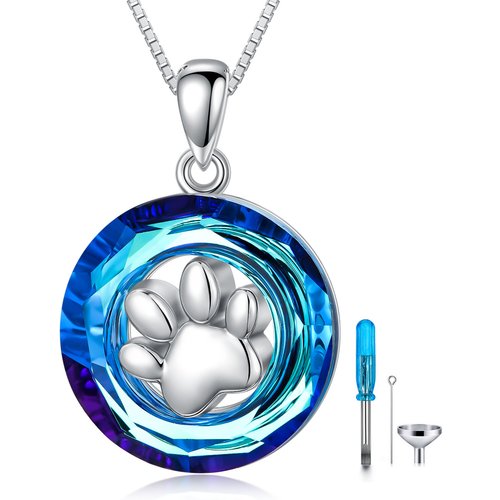 Sterling Silver Circular Shaped Crystal Paw Urn Necklace for Ashes