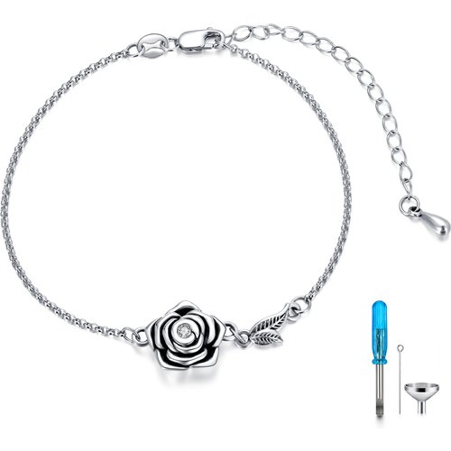 Sterling Silver Circular Shaped Crystal Rose Urn Bracelet for Ashes