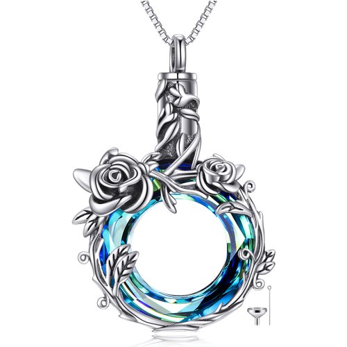 Sterling Silver Circular Shaped Crystal Rose Urn Necklace for Ashes
