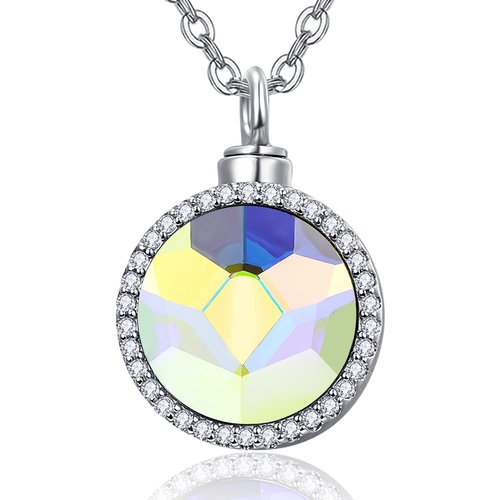 Sterling Silver Circular Shaped Crystal Round Urn Necklace for Ashes