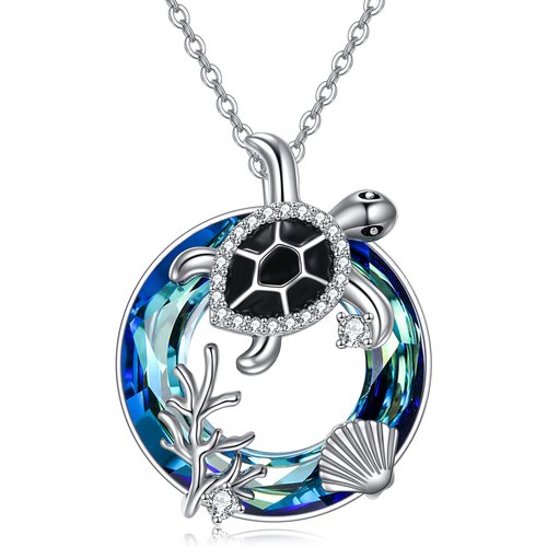 Sterling Silver Circular Shaped Crystal Sea Turtle Pendant Necklace