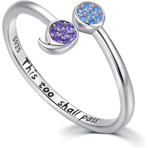 Sterling Silver Round Shaped Crystal Semicolon Open Ring with Engraved Word