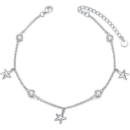 Sterling Silver Circular Shaped Crystal Star Single Layer Anklet