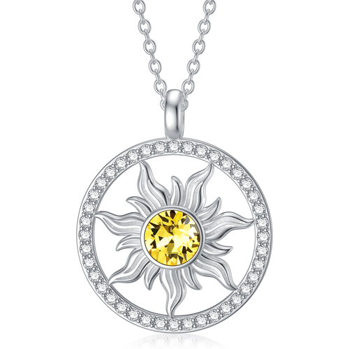 Sterling Silver Circular Shaped Crystal Sun Pendant Necklace