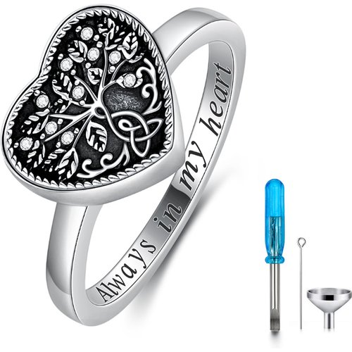 Sterling Silver Round Shaped Crystal Tree Of Life & Heart Urn Ring with Engraved Word