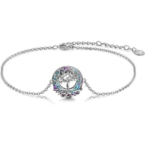 Sterling Silver Circular Shaped Crystal Tree Of Life Charm Bracelet