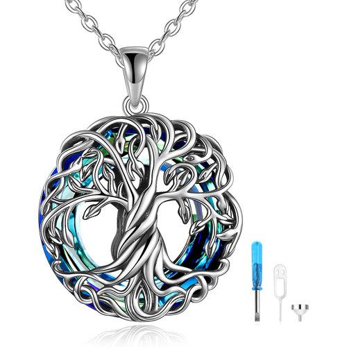 Sterling Silver Circular Shaped Crystal Tree Of Life Pendant Necklace