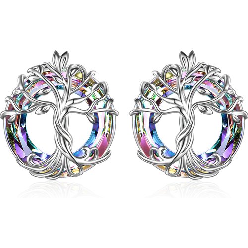 Sterling Silver Circular Shaped Crystal Tree Of Life Stud Earrings