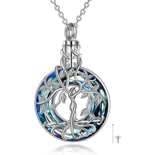 Sterling Silver Circular Shaped Crystal Tree Of Life Urn Necklace for Ashes