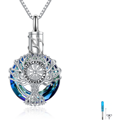 Sterling Silver Circular Shaped Crystal Tree Of Life & Viking Rune Urn Necklace for Ashes