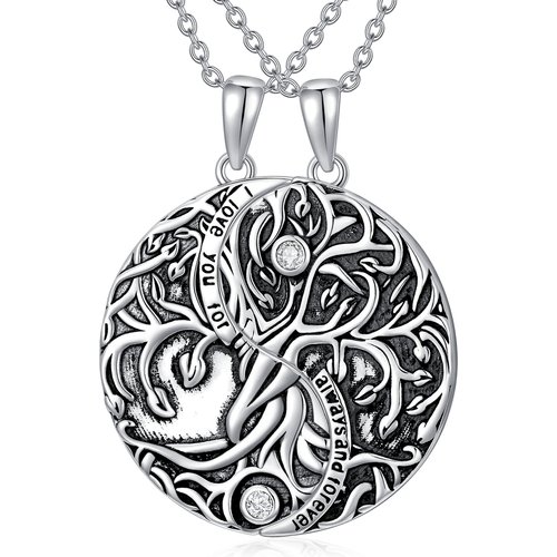 Sterling Silver Circular Shaped Crystal Tree Of Life & Yin Yang Pendant Necklace with Engraved Word