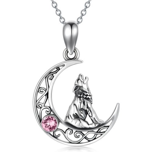 Sterling Silver Circular Shaped Crystal Wolf & Moon Pendant Necklace