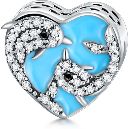Sterling Silver Circular Shaped Cubic Zirconia Dolphin Bead Charm