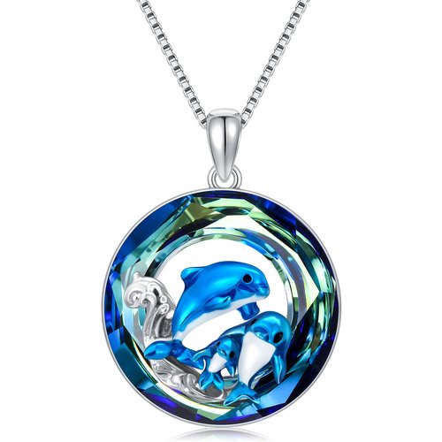 Sterling Silver Circular Shaped Dolphin Crystal Pendant Necklace