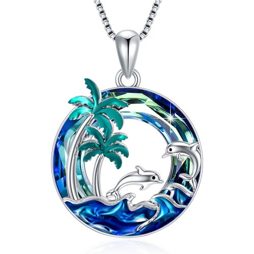 Sterling Silver Circular Crystal Palm Tree With Spray & Dolphin Pendant Necklace For Women