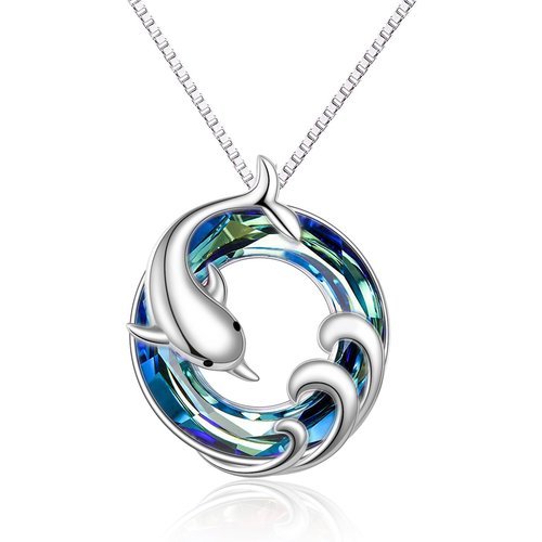 Sterling Silver Circular Shaped Dolphin & Spray Blue Crystal Pendant Necklace