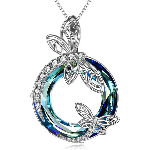 Sterling Silver Circular Shaped Dragonfly Crystal Pendant Necklace