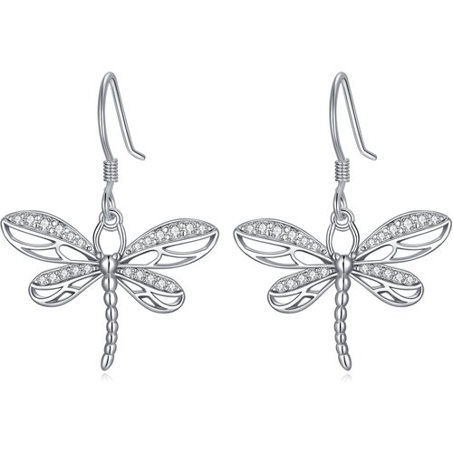 Sterling Silver Circular Shaped Cubic Zirconia Dragonfly Drop Earrings