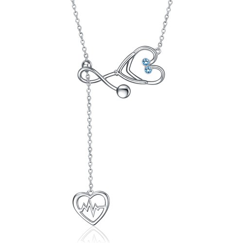 Sterling Silver Circular Cubic Zirconia Electrocardiogram & Heart Stethoscope Adjustable Y Necklace For Women