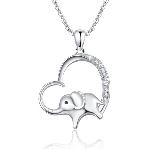 Sterling Silver Circular Shaped Cubic Zirconia Elephant & Heart Pendant Necklace