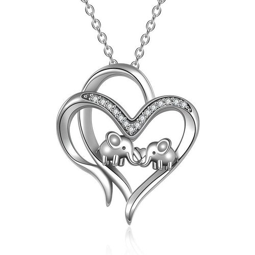 Sterling Silver Cz Double Elephant & Heart Pendant Necklace For Her