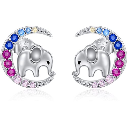 Sterling Silver Circular Shaped Cubic Zirconia Elephant & Moon Stud Earrings
