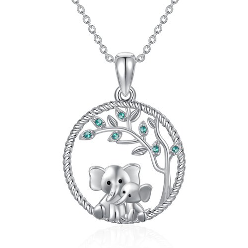 Sterling Silver Circular Shaped Cubic Zirconia Elephant & Tree Of Life Pendant Necklace