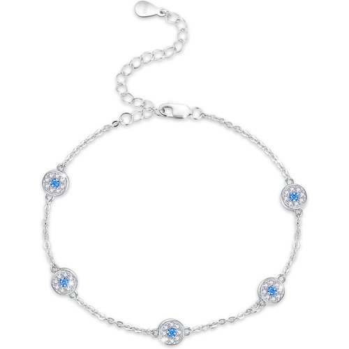 Sterling Silver Circular Shaped Cubic Zirconia Evil Eye Bead Station Chain Bracelet