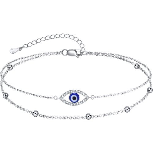 Sterling Silver Circular Shaped Cubic Zirconia Evil Eye Multi-layered Anklet