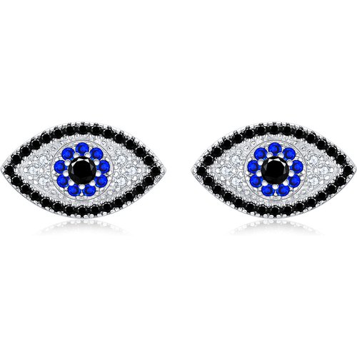 Sterling Silver Circular Shaped Cubic Zirconia Evil Eye Stud Earrings