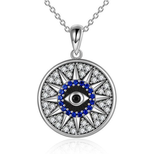 Sterling Silver Circular Shaped Cubic Zirconia Evil Eye & Sun Pendant Necklace
