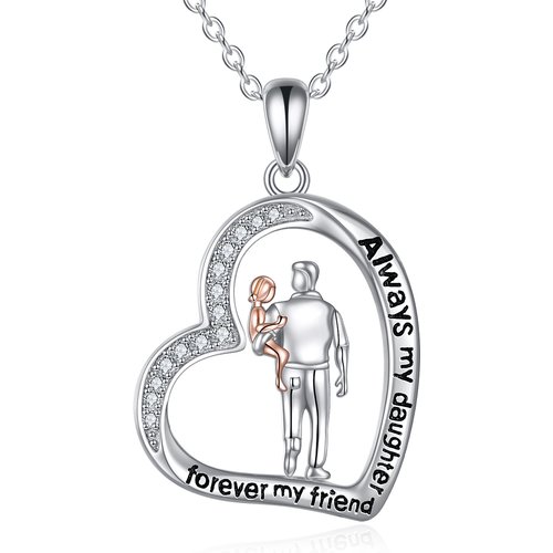Sterling Silver Circular Shaped Cubic Zirconia Father & Daughter Heart Pendant Necklace with Engraved Word For Men