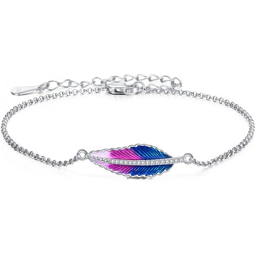 Sterling Silver Circular Shaped Cubic Zirconia Feather Charm Bracelet