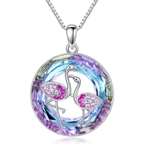 Sterling Silver Circular Shaped Flamingo Crystal Pendant Necklace