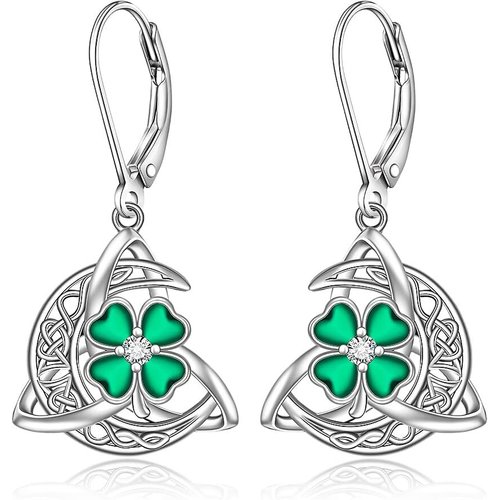 Sterling Silver Heart Cubic Zirconia Four Leaf Clover & Celtic Knot Lever-Back Earrings For Women