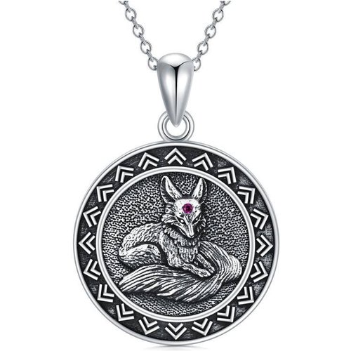 Sterling Silver Circular Shaped Cubic Zirconia Fox Pendant Necklace