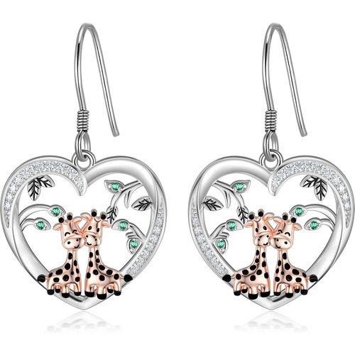 Sterling Silver Circular Shaped Cubic Zirconia Giraffe Drop Earrings