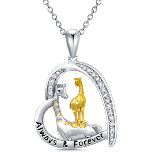 Sterling Silver Circular Shaped Cubic Zirconia Giraffe & Heart Pendant Necklace with Engraved Word