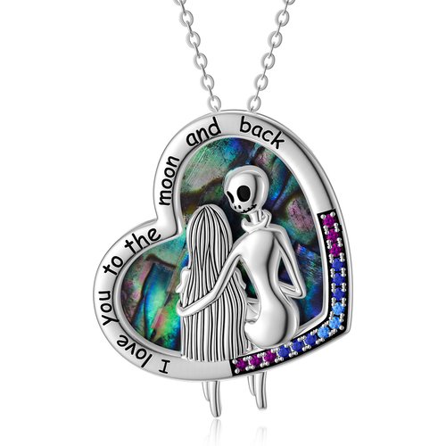 Sterling Silver Abalone Shellfish Cubic Zirconia Heart Skeleton Pendant Necklace With Engraved Word For Women