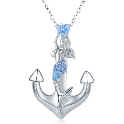 Sterling Silver Circular Cubic Zirconia Anchor With With Mermaid Pendant Necklace For Women