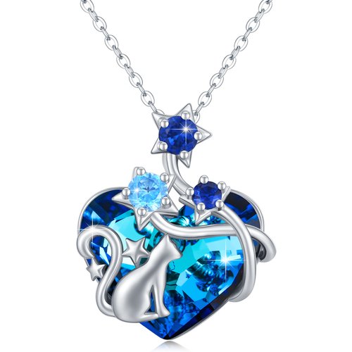 Sterling Silver Heart Crystal Cat Pendant Necklace For Women