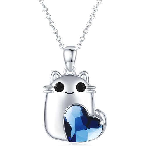 Sterling Silver Heart Crystal Cat Pendant Necklace For Women Best Friends