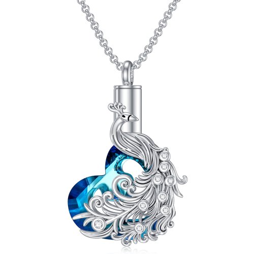 Sterling Silver Heart Crystal Peacock & Heart Urn Necklace For Ashes