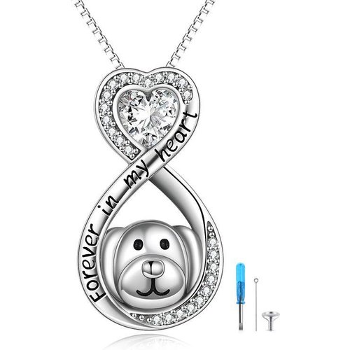 Sterling Silver Heart Cubic Zirconia Dog & Infinity Symbol Urn Necklace For Ashes