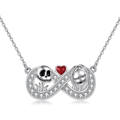 Sterling Silver Circular Cubic Zirconia Infinity Symbol & Skull Pendant Necklace Halloween