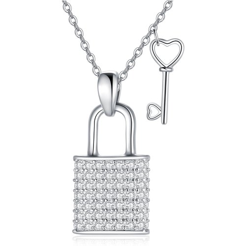 Sterling Silver Cubic Zirconia Heart Key And Lock Pendant Necklace For Women