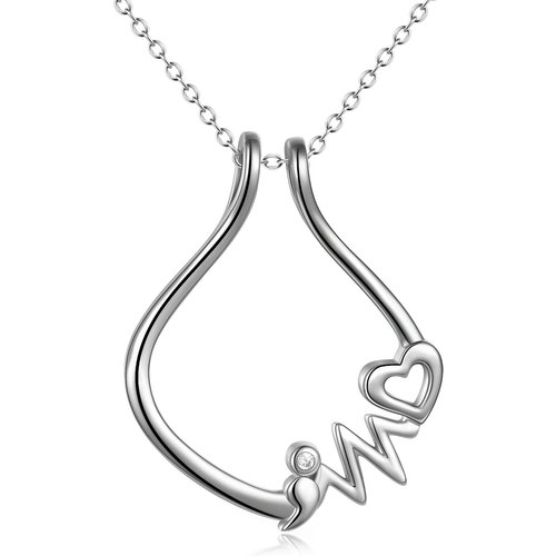 Sterling Silver Circular Shaped Cubic Zirconia Heart & Ring Holder Pendant Necklace