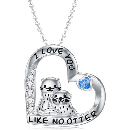 Sterling Silver Heart Cubic Zirconia Sea Otter & Heart Pendant Necklace For Women